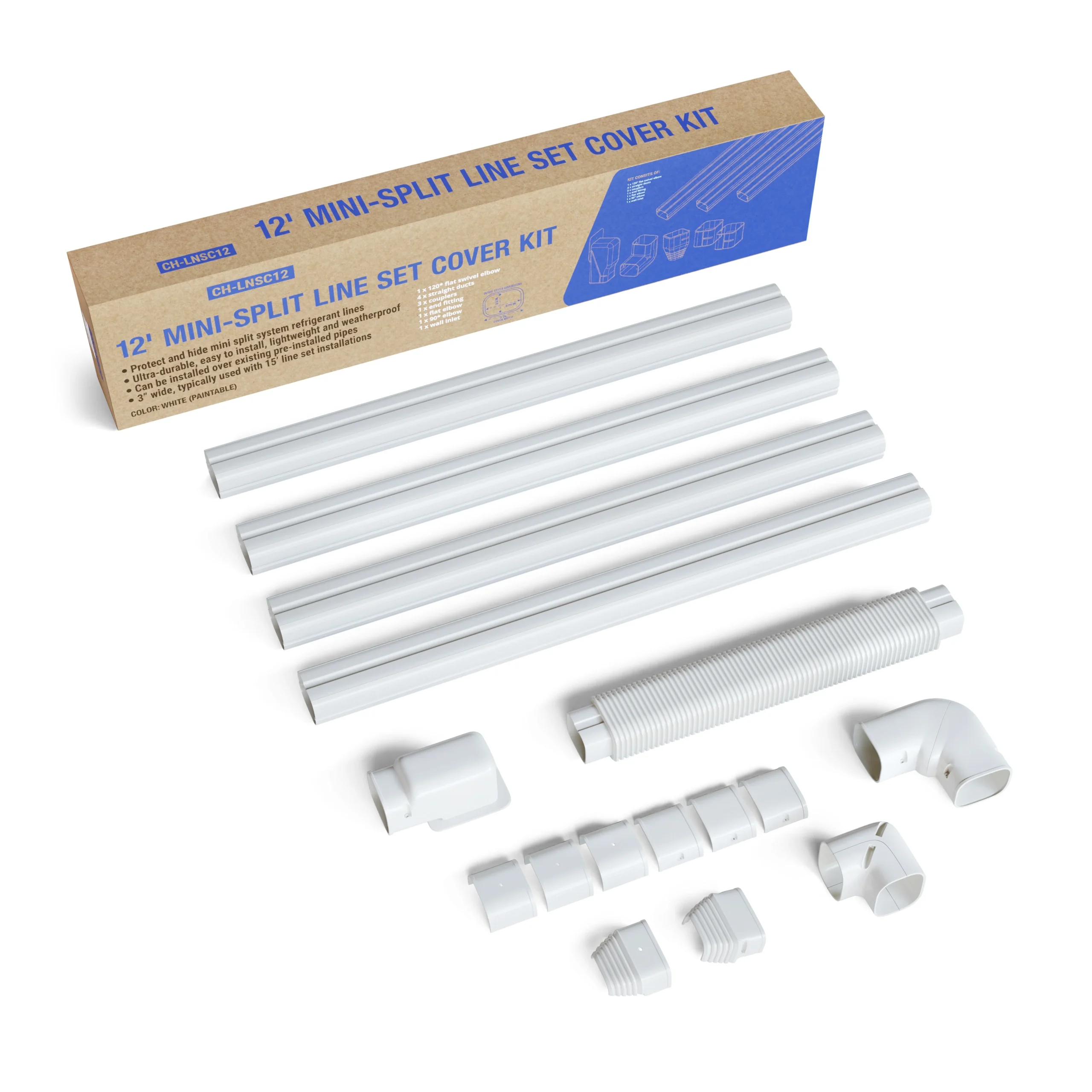 12FT PVC Decorative Line Set Cover Kit for Ductless Mini Split Air Conditioners