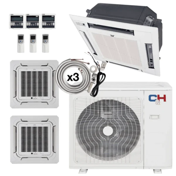 3 Zone 9k+9k+12k Ceiling Cassettes with Installation Kits, Sophia Series 22 Seer 2.3 Ton Tri Zone Ductless Multi Mini Split Air Conditioner