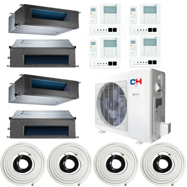 36,000 BTU 4 Zone 9k+9k+9k+12k Concealed Duct Mini Split with 25ft Installation Kits, Sophia Series 22.5 SEER 3 Ton Quad Zone Slim Duct AC System
