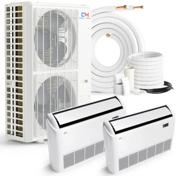 48,000 BTU 2 Zone 24k+24k Universal Floor/Ceiling with 25ft Installation Kits, Sophia Series 21.5 SEER 4 TON Dual Zone Ductless Multi Mini Split AC System