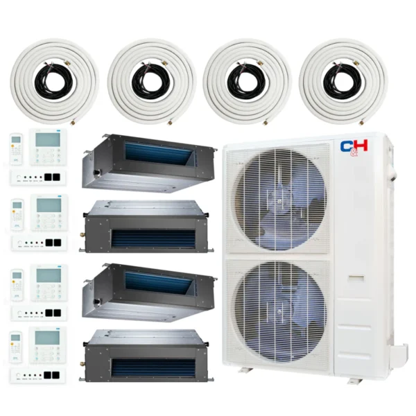 48,000 BTU 4 Zone 9k+9k+12k+24k Concealed Duct Mini Split with Installation Kits, Sophia Series 21.5 SEER 4 Ton Quad Zone Slim Duct AC System