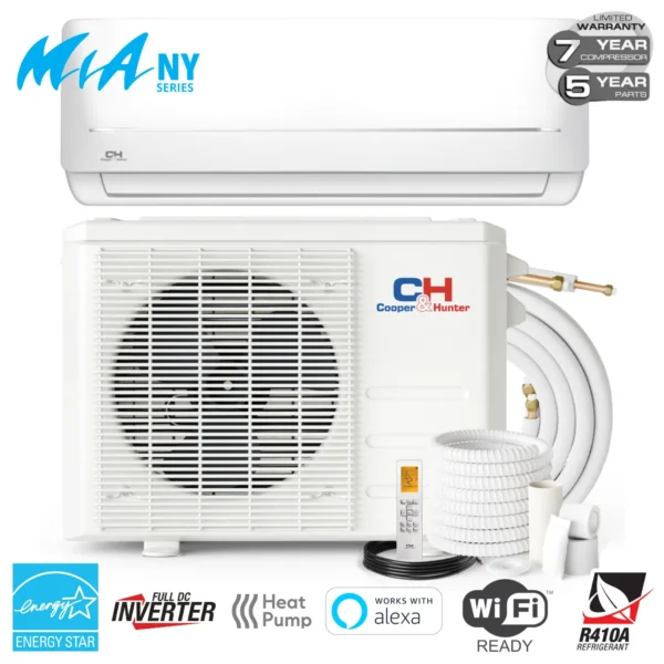 Cooper & Hunter 9,000 BTU 115V 20.5 SEER Ductless Mini Split Air Conditioner & Heat Pump, Mia NY Series Wi-Fi Included + Optional Installation Kit