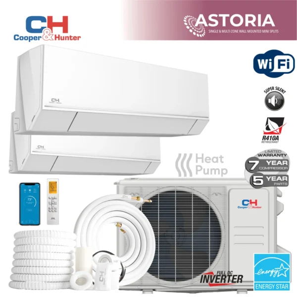 Cooper&Hunter Astoria Series 28,000 BTU 23.8 SEER Dual Zone with 12000 18000 BTU Wall Mount Handlers Ductless Mini Split A/C and Heater with Installation Kits