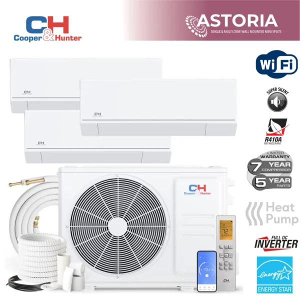 Cooper&Hunter Astoria Series 28,000 BTU 23.8 SEER Tri (3) Zone with Wall Mount Handlers Ductless Mini Split A/C and Heater with Installation Kits