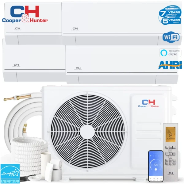 Cooper&Hunter Astoria Series 36,000 BTU Four (4) Zone with 6000 6000 6000 18000 BTU Wall Mount Handlers Ductless Mini Split A/C and Heater with Installation Kits