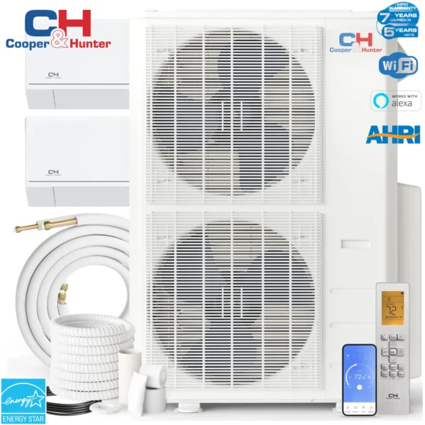 Cooper&Hunter Astoria Series 48,000 BTU Dual Zone with 18000 30000 BTU Wall Mount Handlers Ductless Mini Split A/C and Heater with Installation Kits