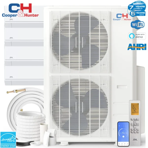 Cooper&Hunter Astoria Series 48,000 BTU Four (4) Zone with 6000 6000 6000 24000 BTU Wall Mount Handlers Ductless Mini Split A/C and Heater with Installation Kits